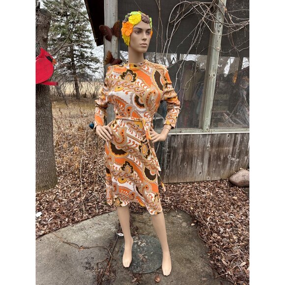 60s Groovy Print Knit Belted Shirt Dress 100% Virgin Wool Long Sleeve Orange Yel - Picture 8 of 16